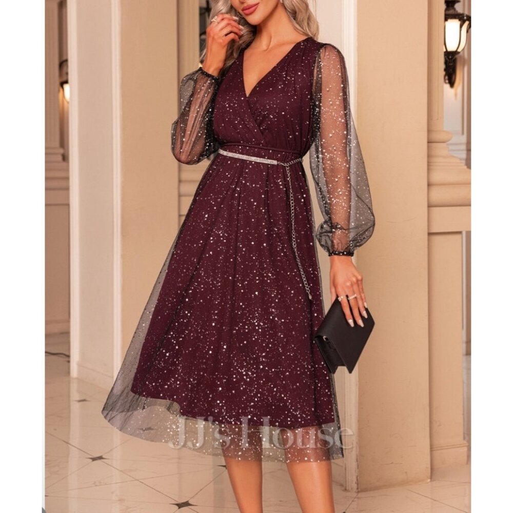 JJs House Burgundy A-Line Dress XL Womens Sparkly Party Gown With Sheer Sleeves - Picture 16 of 16